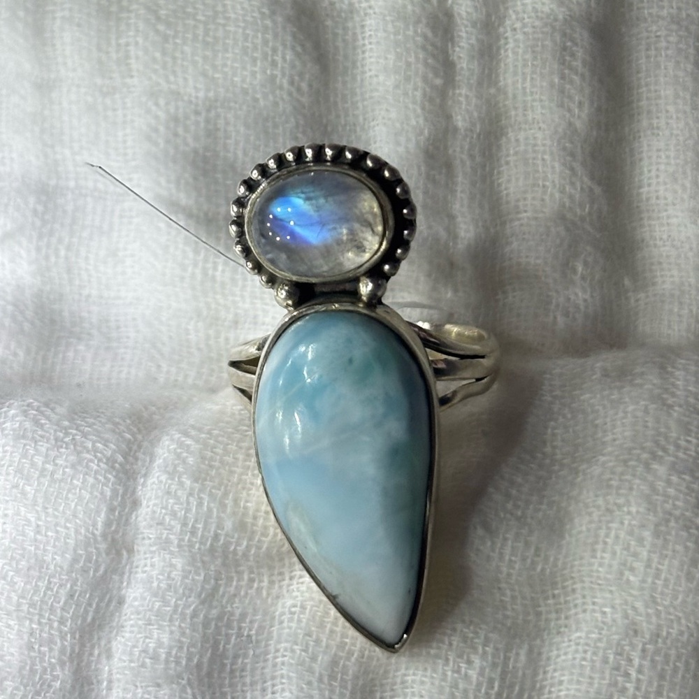 925 Sterling Silver Larimar and Moonstone Ring 7